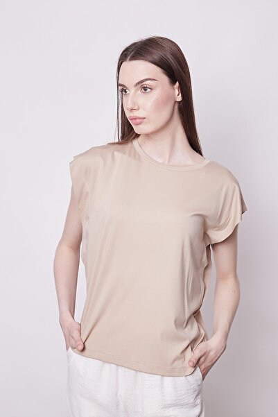Jument Lycra Span Fabric - Sleeveless Basic T-Shirt Blouse, Wide Zero Collar, Off Shoulder - Dark Beige