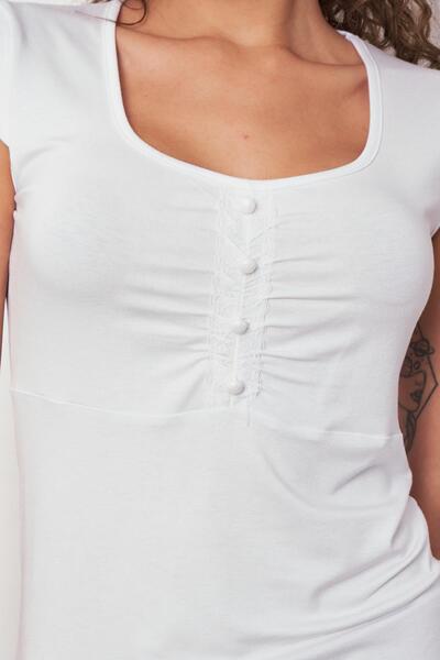 Jument Lycra Viscose Pentagonal Collar Gathered Lace Front Butterfly Sleeve Body Blouse-White