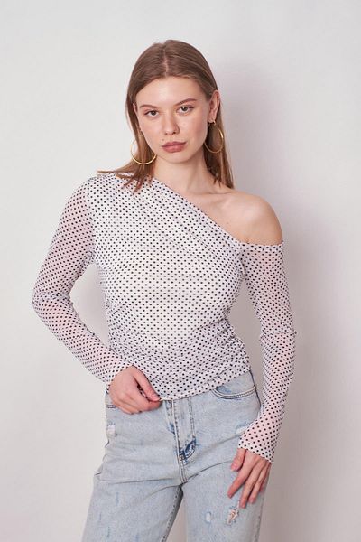 Jument Γυναικεία στάμπα τούλι στον ώμο Μέση Shirred Shoulder Χαμηλό μακρυμάνικο Lycra Κομψή μπλούζα-κρεμ πόντοι