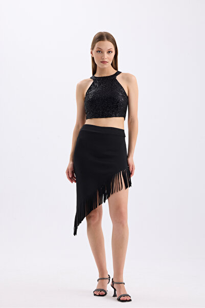 Sense Az Symmetrical Black Evening Dress - Fringed Skirt Etk35737