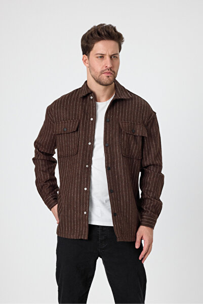 BLUE STREET Erkek Çizgili Çift Cep Kapaklı Kaşe Gömlek Ceket
