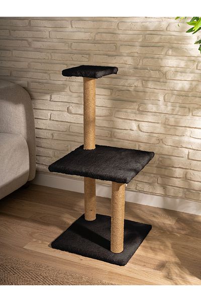 BEYLİNİ 3-Piece Plush Fabric Cat Scratch Board - 84 cm Height, 3-Step Jumping Game (Black)