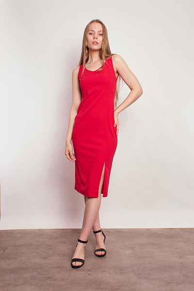 Jument Lycra Crepe ύφασμα εμπρός πίσω V λαιμόκοψη Αμάνικο μπροστινό σκίσιμο κάτω από το γόνατο Φόρεμα-fujya
