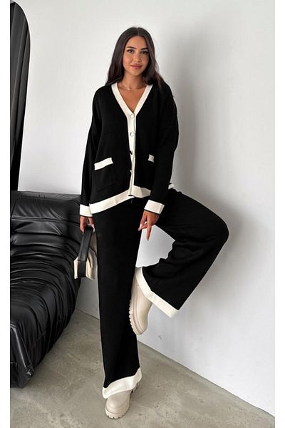 VOOLSTYLE Women's Off-Shoulder V-Neck Pocket Cardigan Wide-Leg Trousers Knitwear Set