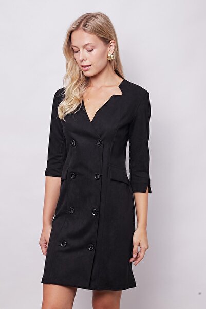 Jument Velvet Lycra Soft Double Breasted Capri - Φόρεμα γραφείου με μανίκια τριών τετάρτων και σκίσιμο - Μαύρο