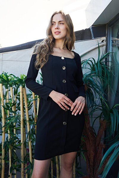 Jument Kadın Likralı Krep Kumaş Kare Yaka Uzun Kol Önü Düğmeli Ofis Ceket Elbise-Siyah