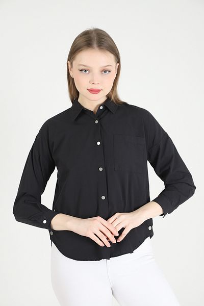 Dabenti women style Cămașă de bază neagră oversize cu mânecă lungă, cu snap