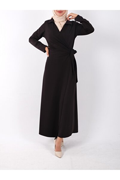 Modamorfo Μπροστινό φόρεμα διπλής στρώσης με γραβάτα στο πλάι - μαύρο