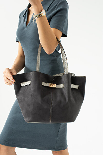 Sellini حقيبة يد وكتف نسائية من الجلد الصناعي باللون الرمادي من جلد نوبوك مع ...