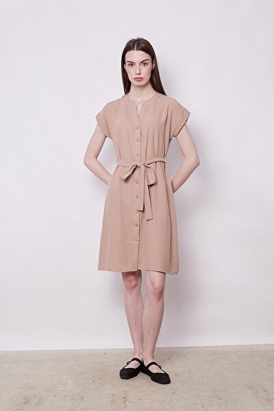 Jument Camel Color Linen Blended - Casual φόρεμα με ώμους και κορδόνια