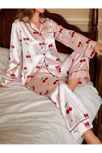 BELLA NOTTE Set pijamale lungi cu imprimeu cireșe din satin
