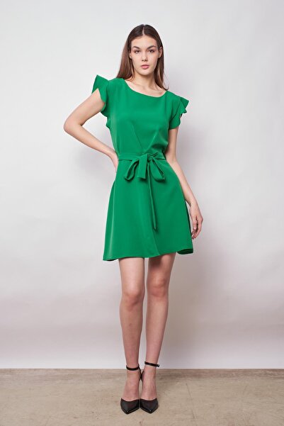 Jument Light Lycra Crepe Office Dress - Boat Neck, Flounce Sleeves, Lace-up Waist, Kiloş Skirt - B.Green
