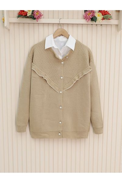 Modamorfo Rüschen-Strickjacke mit Perlen und Knöpfen – helles Nerz