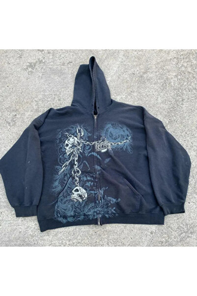 BALİNA Siyah Gallows Skulls Y2K MMA Cyber Grunge Kapüşonlu Sweatshirt