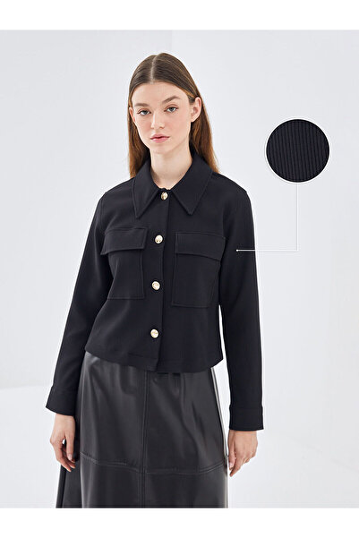 LC Waikiki Lcw Modest Black Shirt Collar Textured Women's Jacket