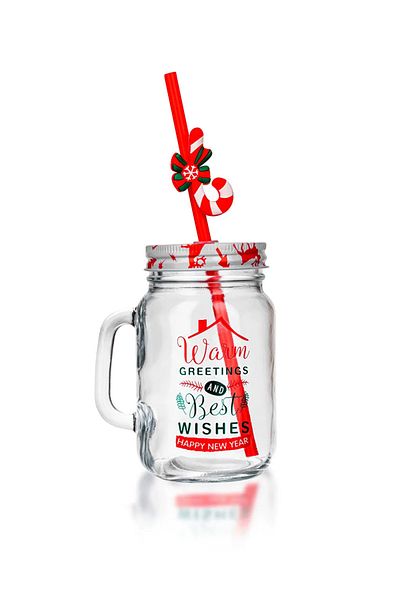 LC Waikiki Lcw Home Mixed Printed Christmas Themed Glass Cup with Straw 500 ml