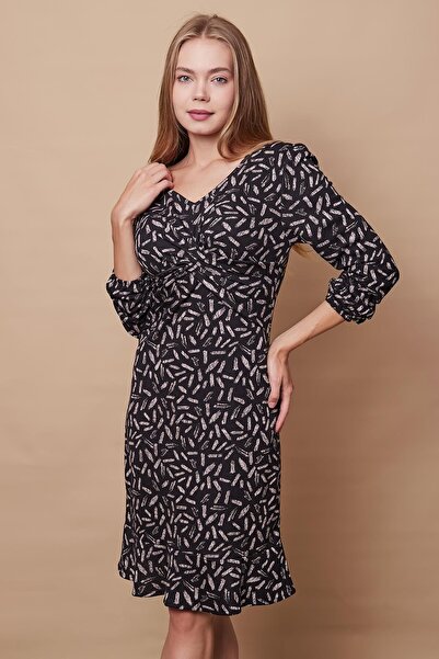 Jument Light Lycra Soft Fabric - V-Neck and Flounces Long Sleeve Knee-Length Women's Dress - Si