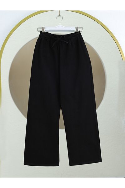 Modamorfo Jeanshose mit weitem Bein und elastischem Bund und Spitzendetail – Schwarz
