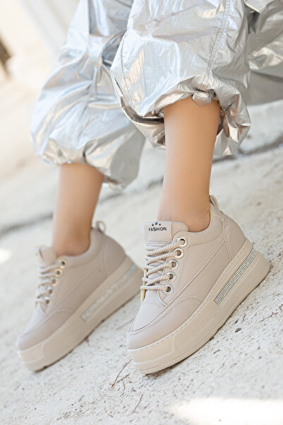 Ayakkabı Delisiyim Hidden Wedge Heel Thick Sole Stone Laced Beige Cream Women's Sneaker Sports Shoes Robin
