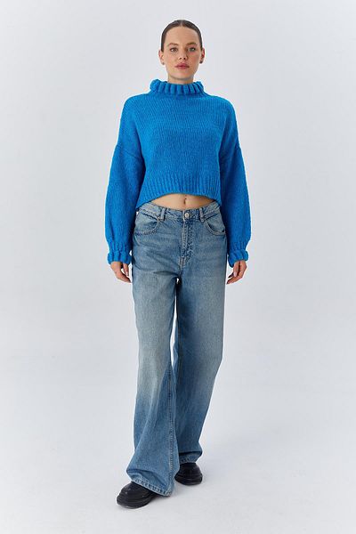 Mixray 6883 Pulover Crop Tricotat Model Albastru - Detaliu Volane