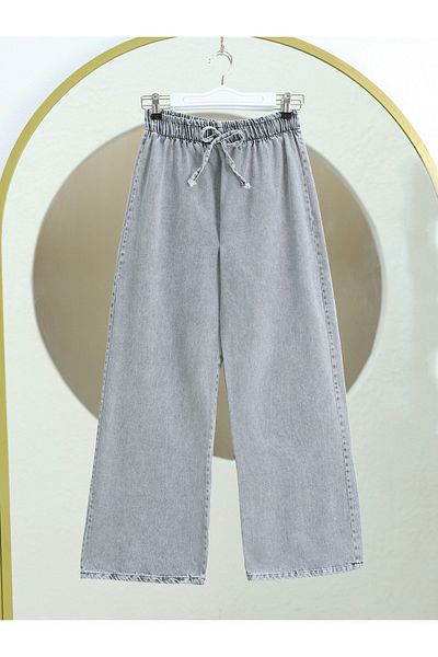 Modamorfo Jeans mit weitem Bein und elastischem Bund und Spitzendetail – Grau