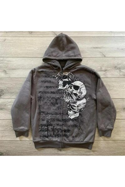 BALİNA Füme Triple Pain Skull Cyber Grunge Kapüşonlu Sweatshirt