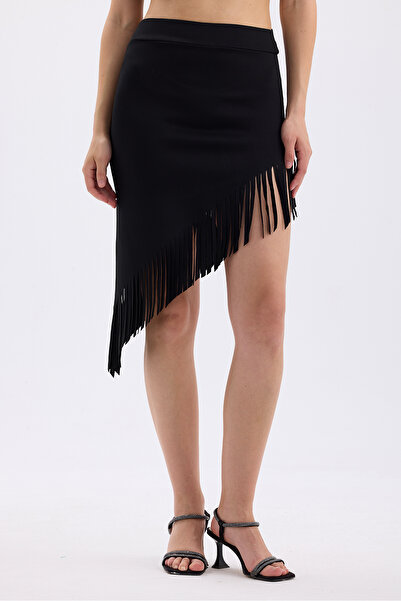 Sense Az Symmetrical Black Evening Dress - Fringed Skirt Etk35737
