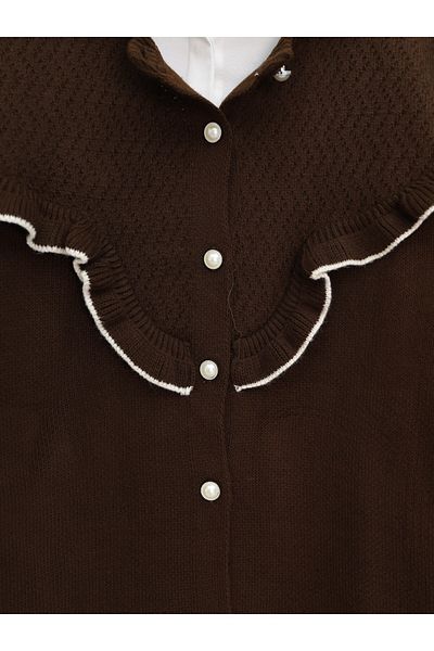Modamorfo Strickjacke mit Rüschen und Perlen und Knöpfen – Braun