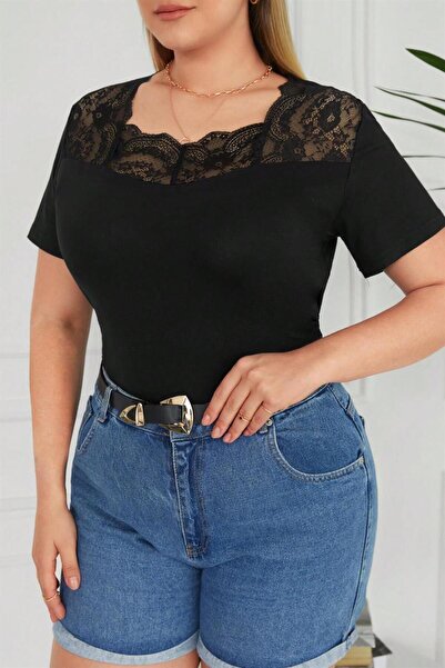 Zer Otantik Square Neck Lace Plus Size Blouse Black