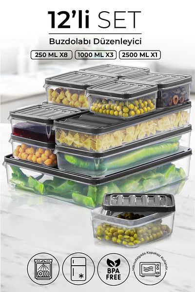 Kitchen Life 12-Piece Refrigerator and Microwave Storage Container - Refrigerator Organizer (250X8 1000X3 2500X1)