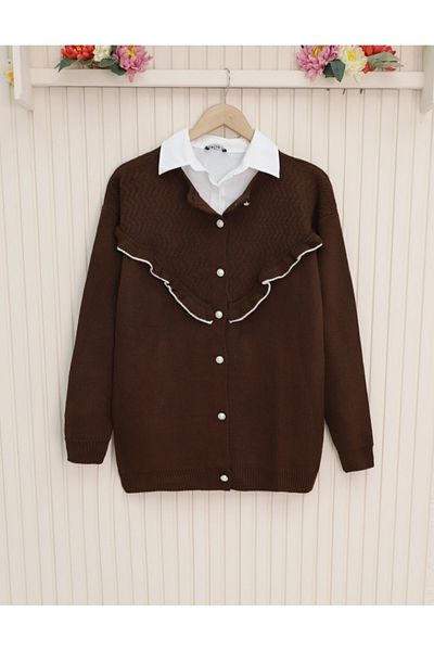 Modamorfo Strickjacke mit Rüschen und Perlen und Knöpfen – Braun