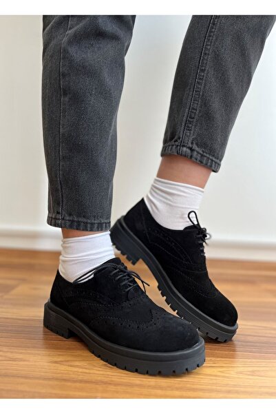 Saracshoes Gerçek Süet Siyah Bağcıklı Vista Kadın Loafer