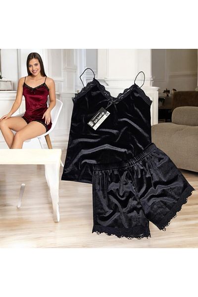 sıla sella Alec Lingerie Women's Velvet Bottom Top Suspender Short Shorts Pajamas Set