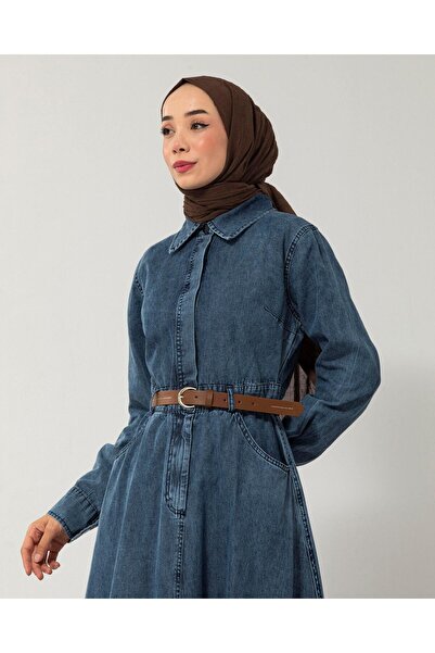 Meri Store Yarım Düğmeli Kemerli Mavi Denim Elbise