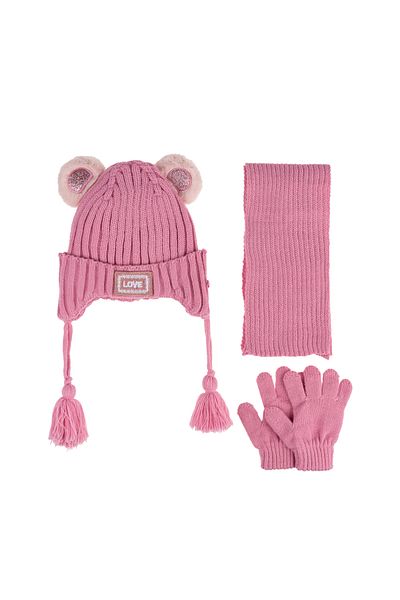 Kitti 1-4 Years Girl's Fleece Inside Kitti Scarf Beanie Gloves - Set of 3