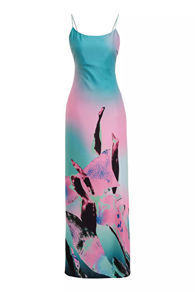 Keikei Desenli saten kolsuz uzun elbise