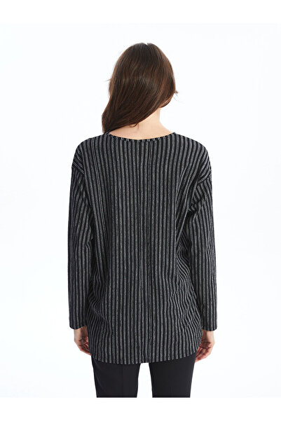 LC Waikiki Black Crew Neck Striped Oversize Women's T-Shirt