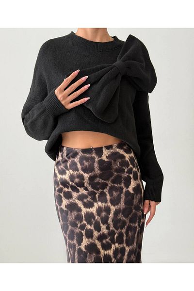 Luna Carina Pulover de damă, negru, cu decolteu, cu fundă, cu textura moale