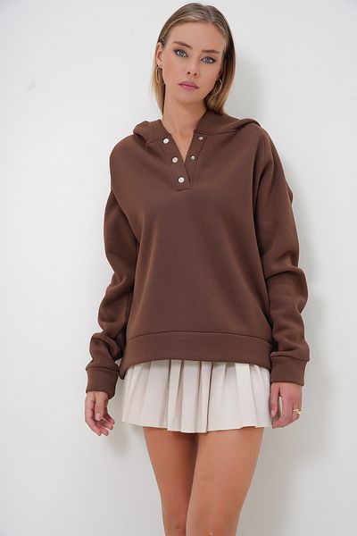 Trend Alaçatı Stili Dámská hnědá mikina s kapucí na patentky, 3 vlákna, žebrovaná oversize mikina ALC-X11146