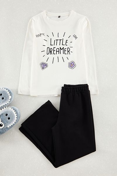 TRENDYOLKIDS Ecru Girl's Slogan Knitted Top and Bottom Set Tkdaw25Au00118