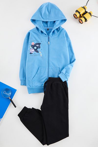 TRENDYOLKIDS Knitted Baby Blue Printed Set - TKDAW25AU00039