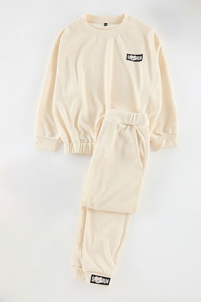 TRENDYOLKIDS Bézs Boy's Slogan kötött alsó-felső szett TKDAW25AU00085