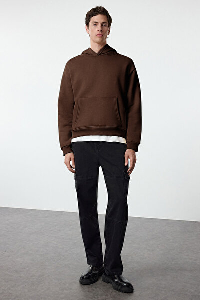 Trendyol Collection Dark Brown Oversize/Wide Cut Back Embroidery Detailed Hooded Sweatshirt Tmnaw25Sw00142