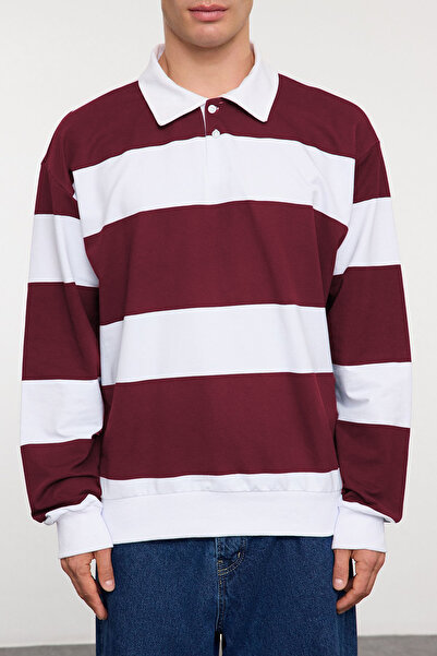 Trendyol Collection Φούτερ Polo Neck Claret Red ριγέ Oversize - TMNAW25SW00023