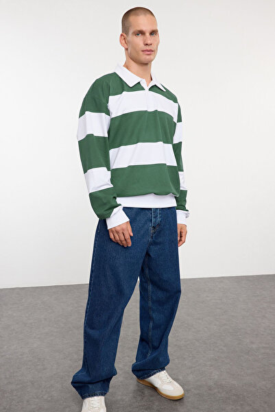 Trendyol Collection Khaki póló nyakú csíkos pulóver - széles szabású TMNAW25SW00023