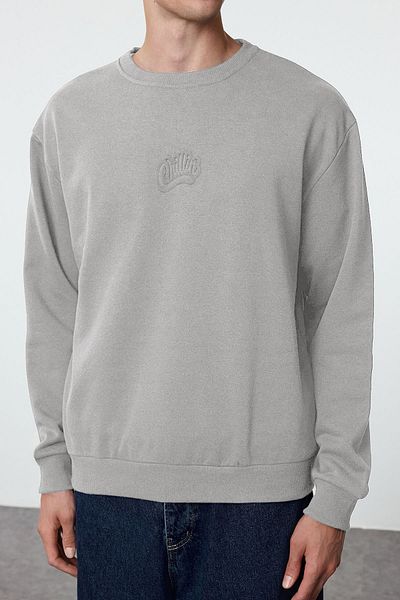Trendyol Collection Φούτερ Oversize Grey Melange Fleece - Ανάγλυφο τύπωμα, TMNAW25SW00053