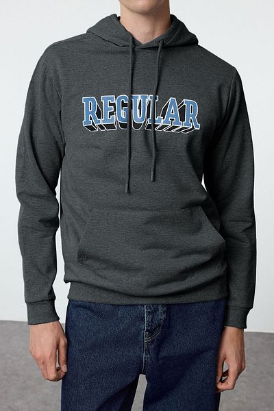 Trendyol Collection Ανθρακί φούτερ με κουκούλα κανονικής/κανονικής κοπής με φλις εσωτερικά TMNAW25SW00063