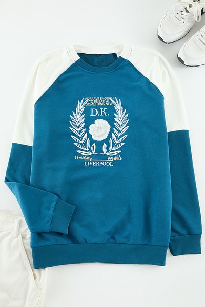 Trendyol Collection Тъмносин памучен суичър с щампа с реглан ръкав - TMNAW22SW1214