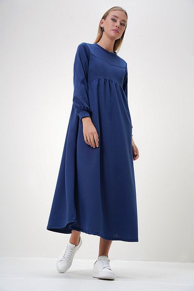 Trend Alaçatı Stili Γυναικείο Saks Blue Crew λαιμόκοψη φόρεμα με δύο νήματα ALC-X12808