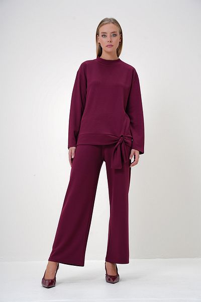 Trend Alaçatı Stili Women's Claret Red Crew Neck Tie Detailed Modal Fabric Long Blouse and Trousers Set Alc-X12880